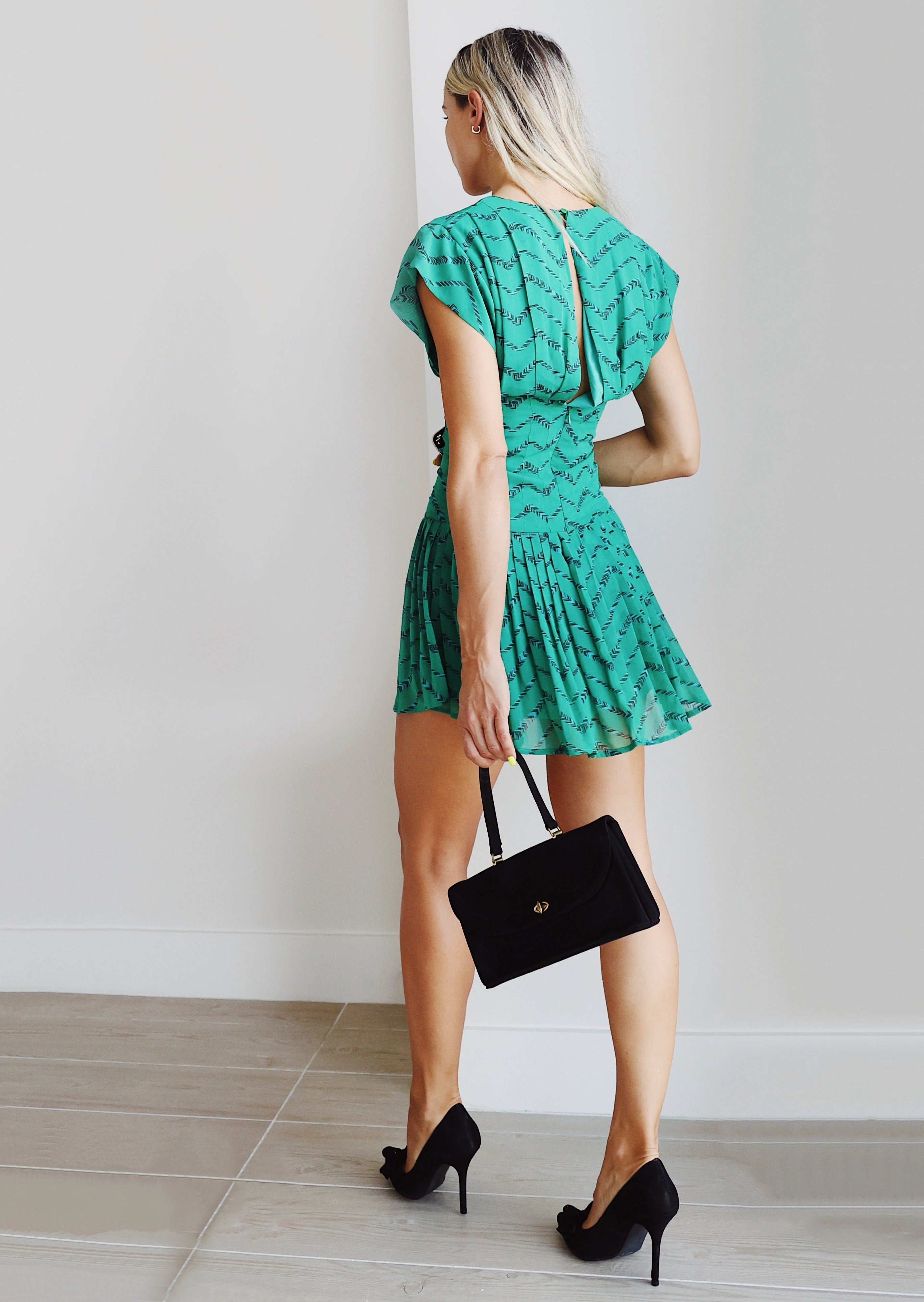 Green Pleaded Mini Dress by Chelsea & Violet